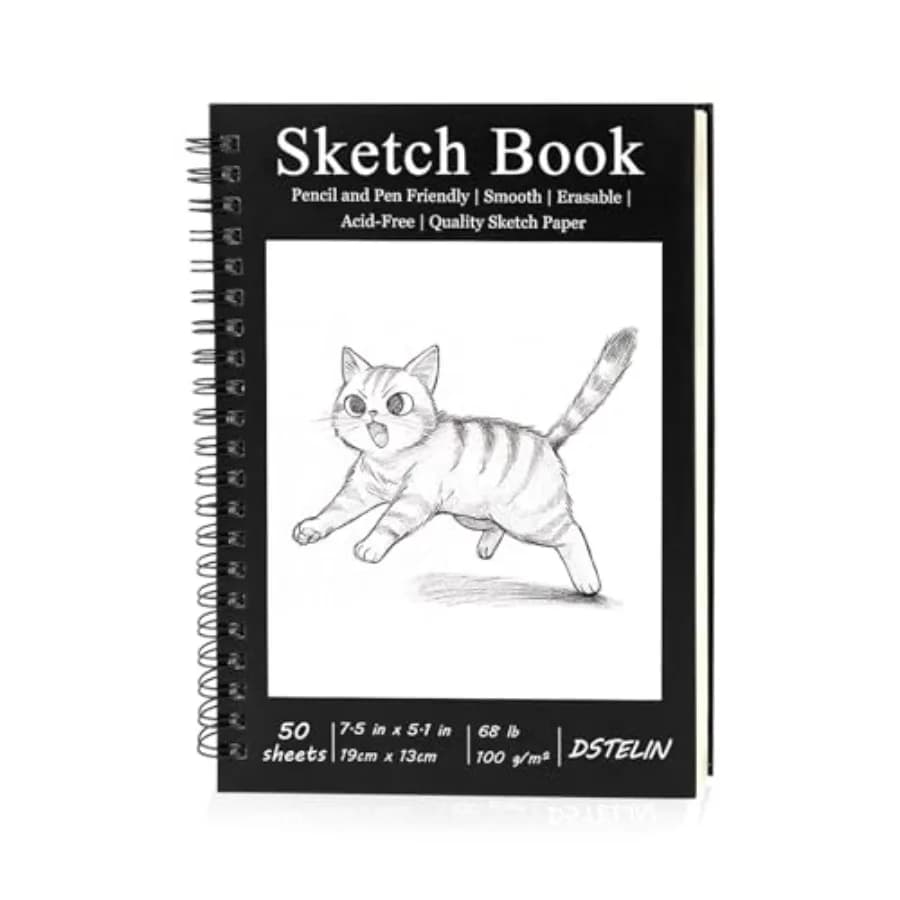 7.5 x 5.1 Inch Sketch Book, 50 Sheets, 100gsm, Spiral Bound Black Hardcover with Black Cover, Ideal for Sketching and Drawing