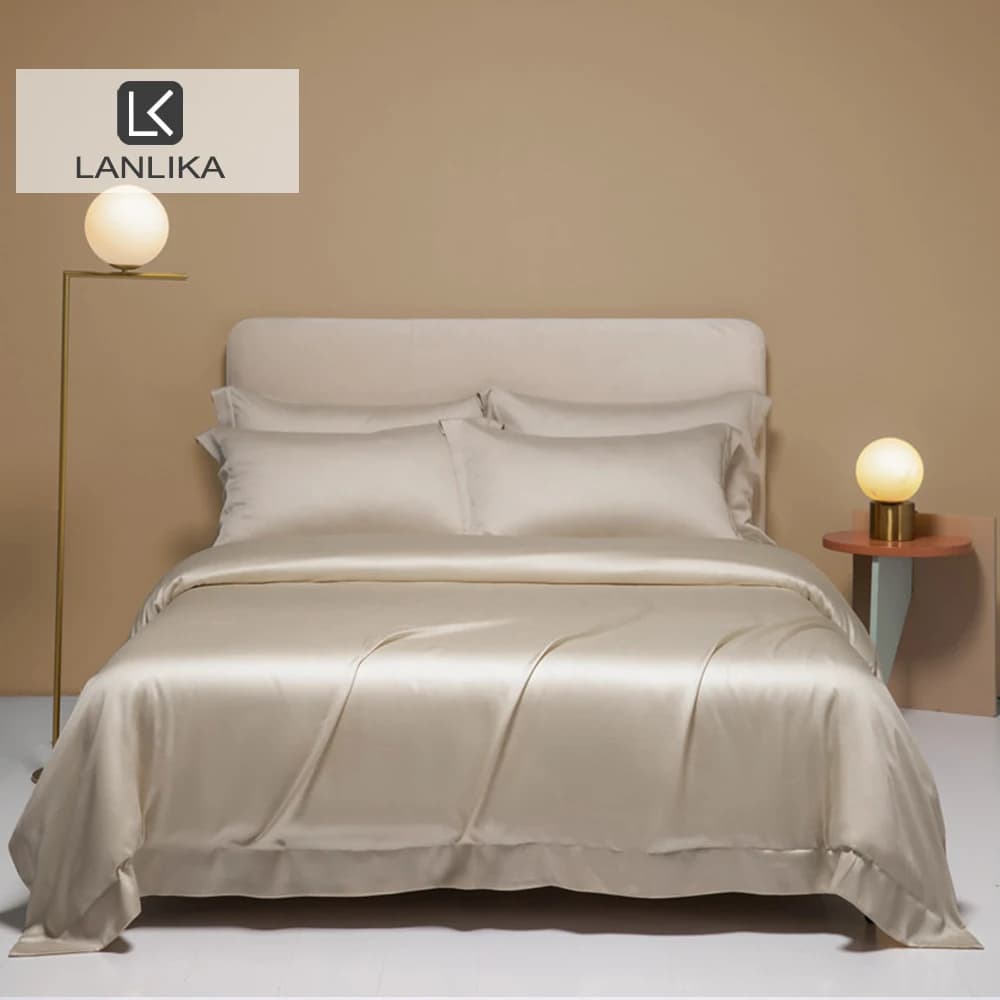Lanlika Women Nature 100% Silk Bedding Set Queen King Camel Solid Color Duvet Cover Flat Sheet Bed Linen Set With Pillowcase