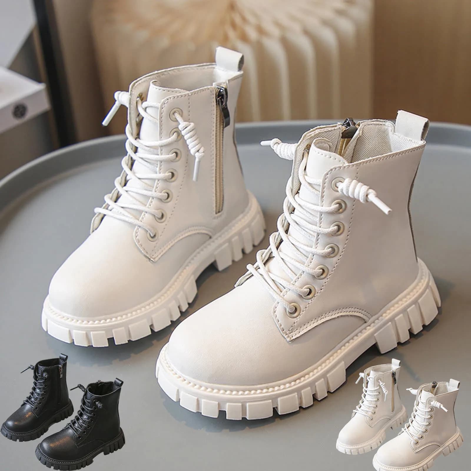 Primavera Autunno Ragazze Moda Stivaletti Scuola Bambini Stivali di pelle Fondo spesso antiscivolo Stivali causali per bambini Nero Bianco