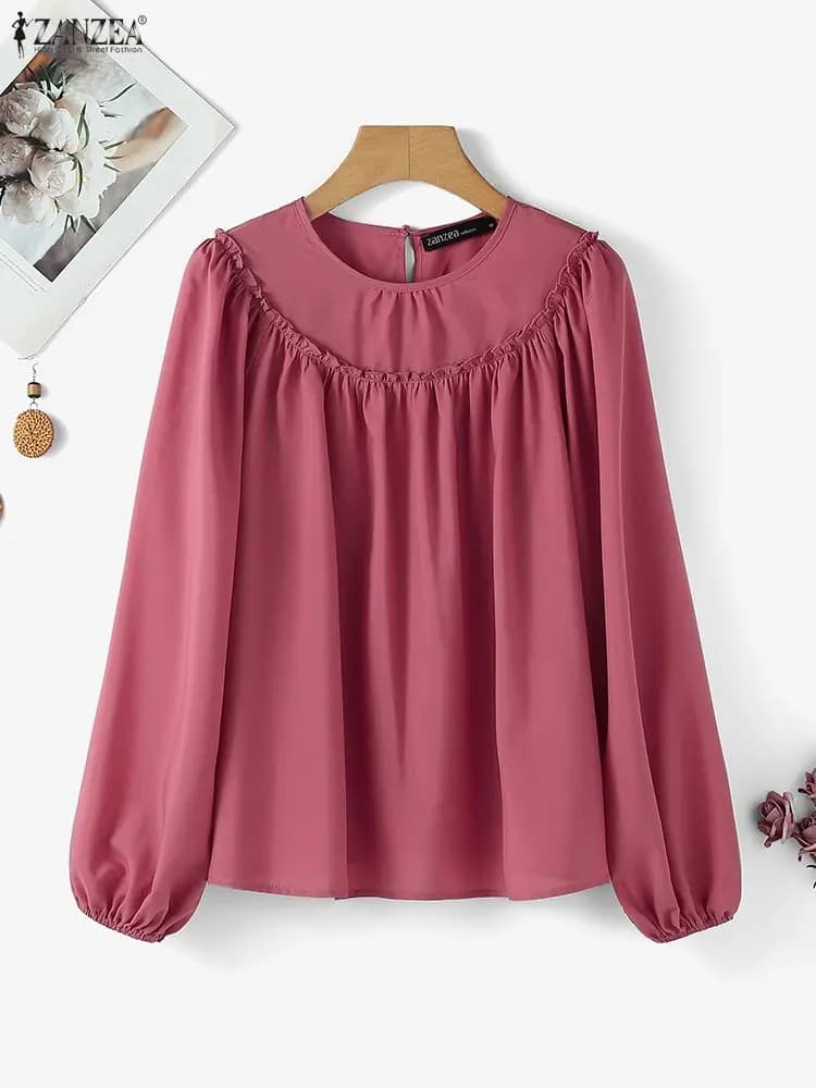 ZANZEA Camicie moda Donna Manica lanterna Camicette solide Manica lunga Increspato Autunno Top Chiffon Elegante Ufficio Casual Blusas