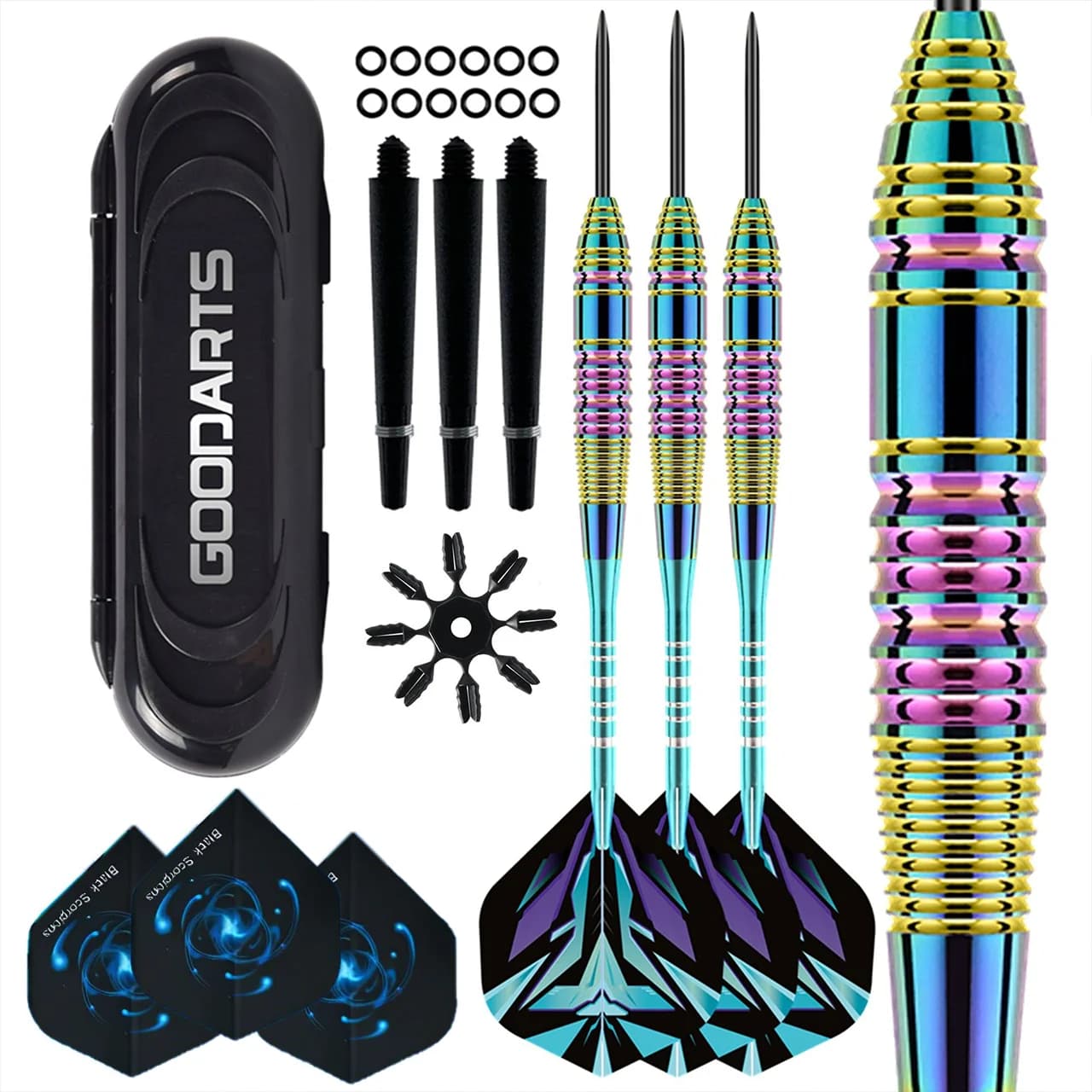Set di freccette professionali con punta in acciaio da 3 pezzi, albero in alluminio con canna colorata da 23 g con custodia portatile da 6 voli per giochi al coperto