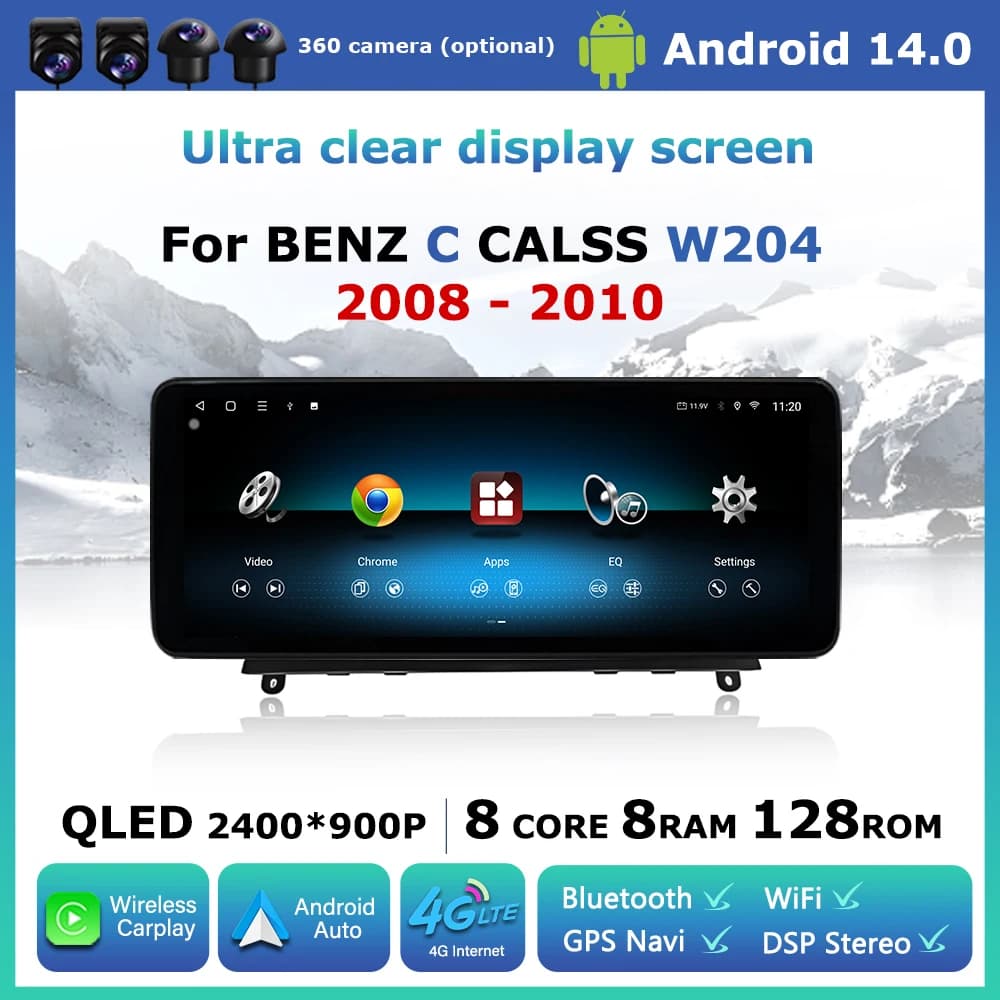 Android 14 Autoradio for Mercedes Benz C CALSS W204 2008 - 2010 Wireless Carplay GPS Navigation WiFi BT QLED Display multimedia