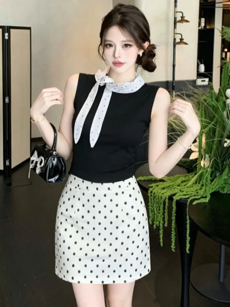 Elegant Lady Knot Sleeveless Top Polka Dot Short Skirt Set Summer New Slimming Two Piece Set Korean Style Commute