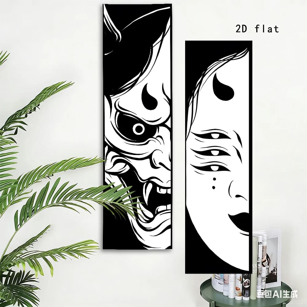 Japanese Hannya Demon Geisha Long Tapestry Set, Black White Ukiyo-E Wall Hanging, Vertical Tattoo Style Decor for Bedroom Living