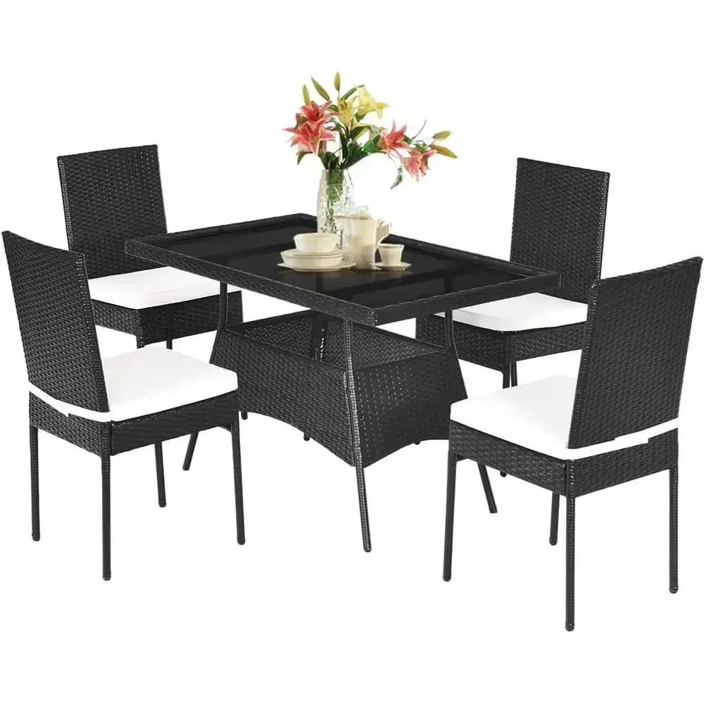 5-Piece Wicker Outdoor Dining Set with Glass Top and Cushioned Chairs for Patio, Garden, or Poolside