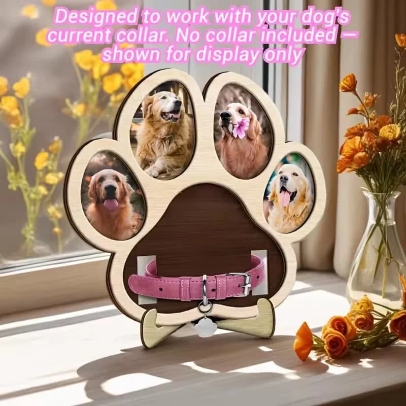 Wooden Pet Paw Shape Photo Frame Dog Cat Collar Holder Memorial Keepsake Picture Collage Display Stand Remembrance Gift