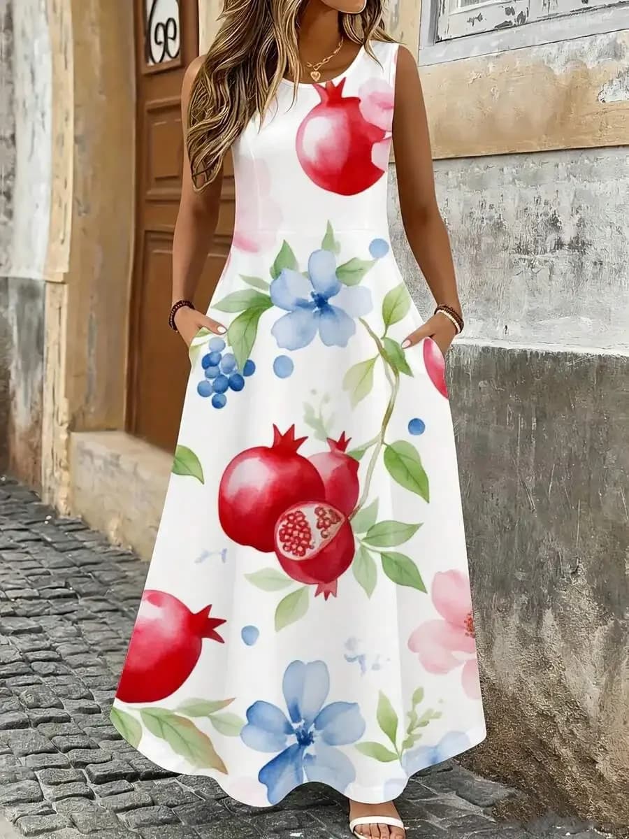 Abito Lungo Senza Maniche Bianco con Stampa Floreale Melograno, Vestito Estivo Casual per Vacanze in Spiaggia