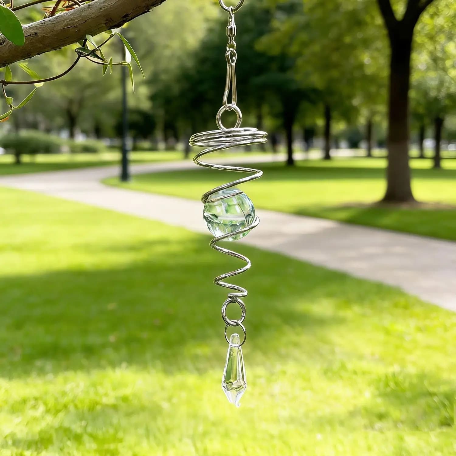 Spiral Silver Metal Wind Chime With Clear Crystal Ball Prism Hanging Suncatcher For Yard Patio Garden Home Decor