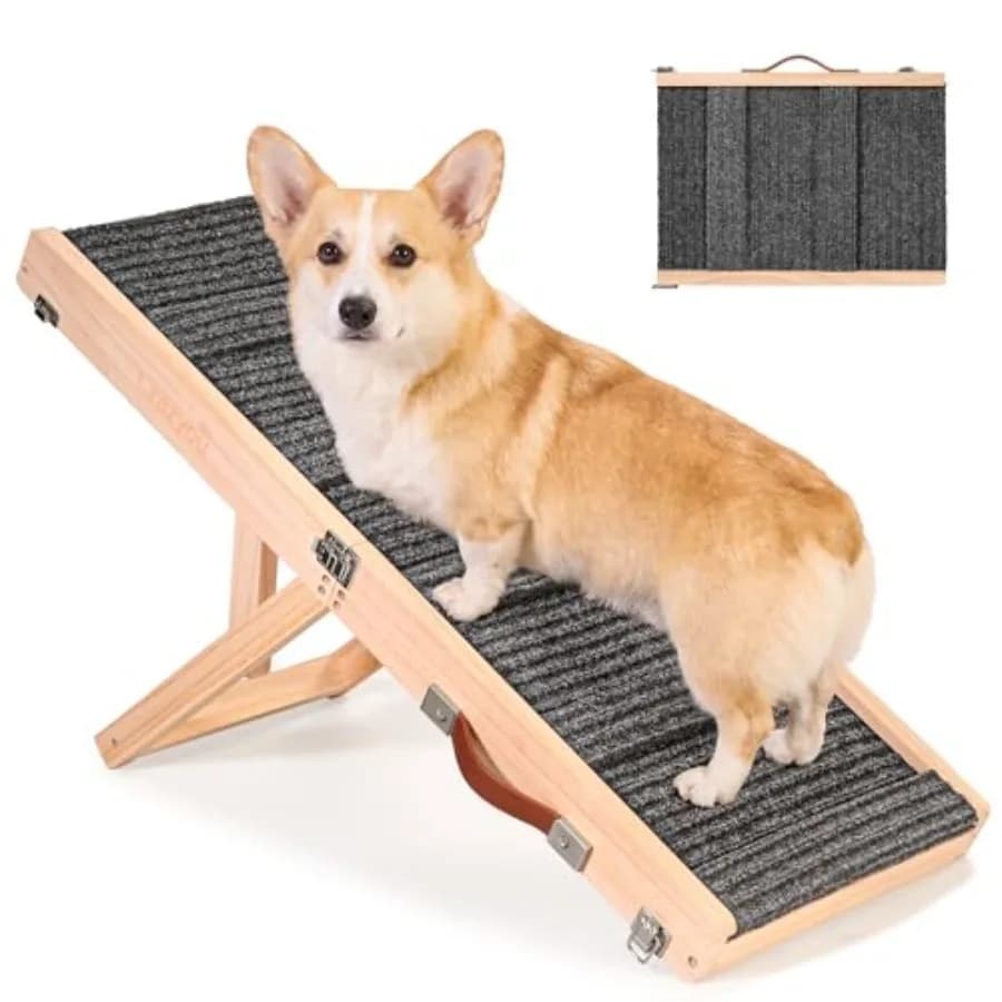 Rampa Pieghevole per Cani per Letto e Divano: in Legno, Marrone, 4 Altezze Regolabili 9.25''-17.72'', con Base Antiscivolo