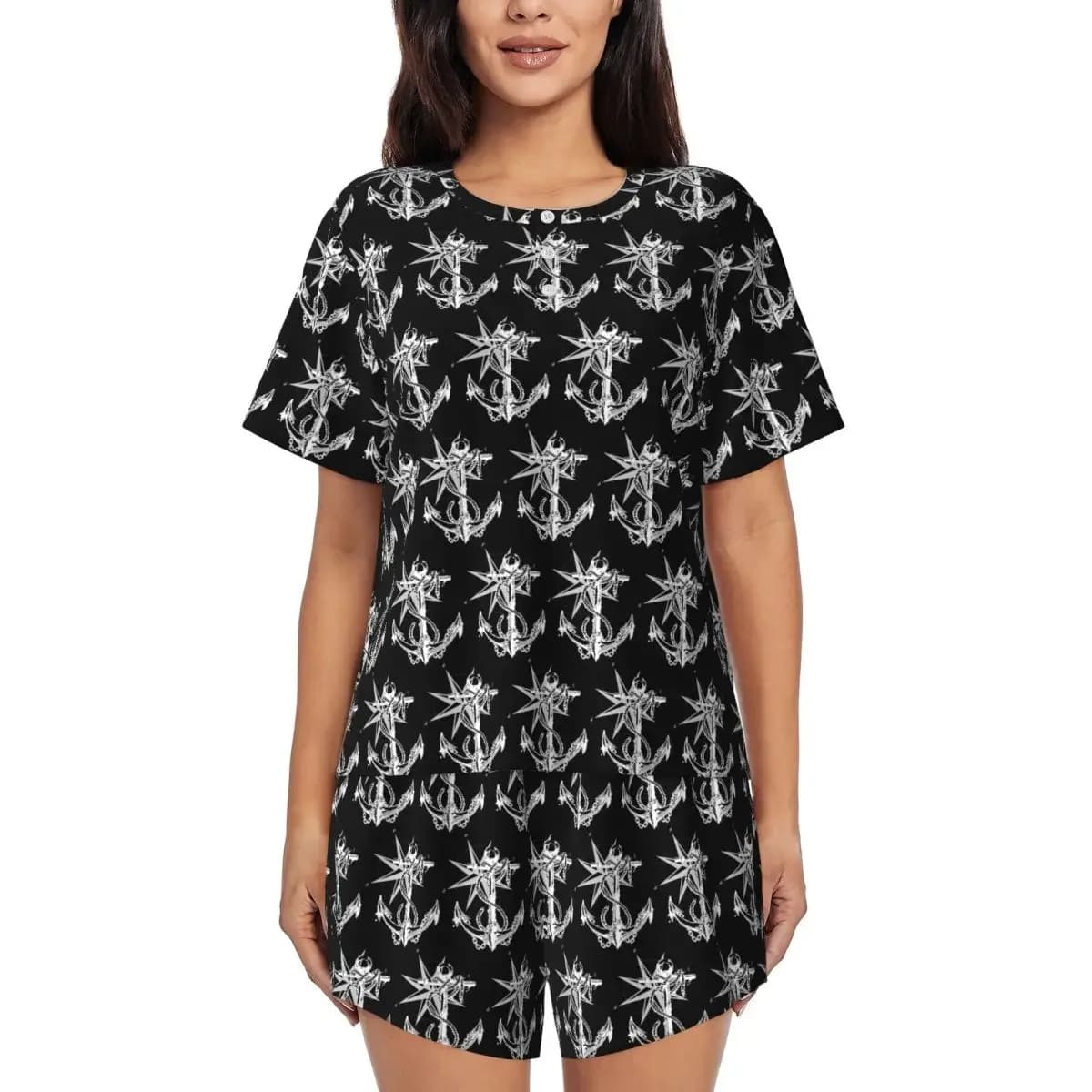 Nautical Compass Captain Anchor Boat Round Neck Short Sleeves Nightdress for Sleepshirts Women Soft Pajama Set Short Pants