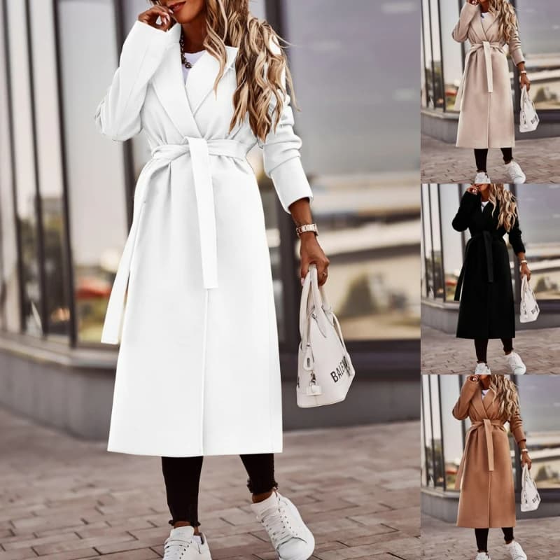 Cappotto lungo da donna elegante in lana con colletto rovesciato Capispalla vintage solido Cappotti con bottoni a maniche lunghe Miscele Tasche per cintura Autunno Inverno