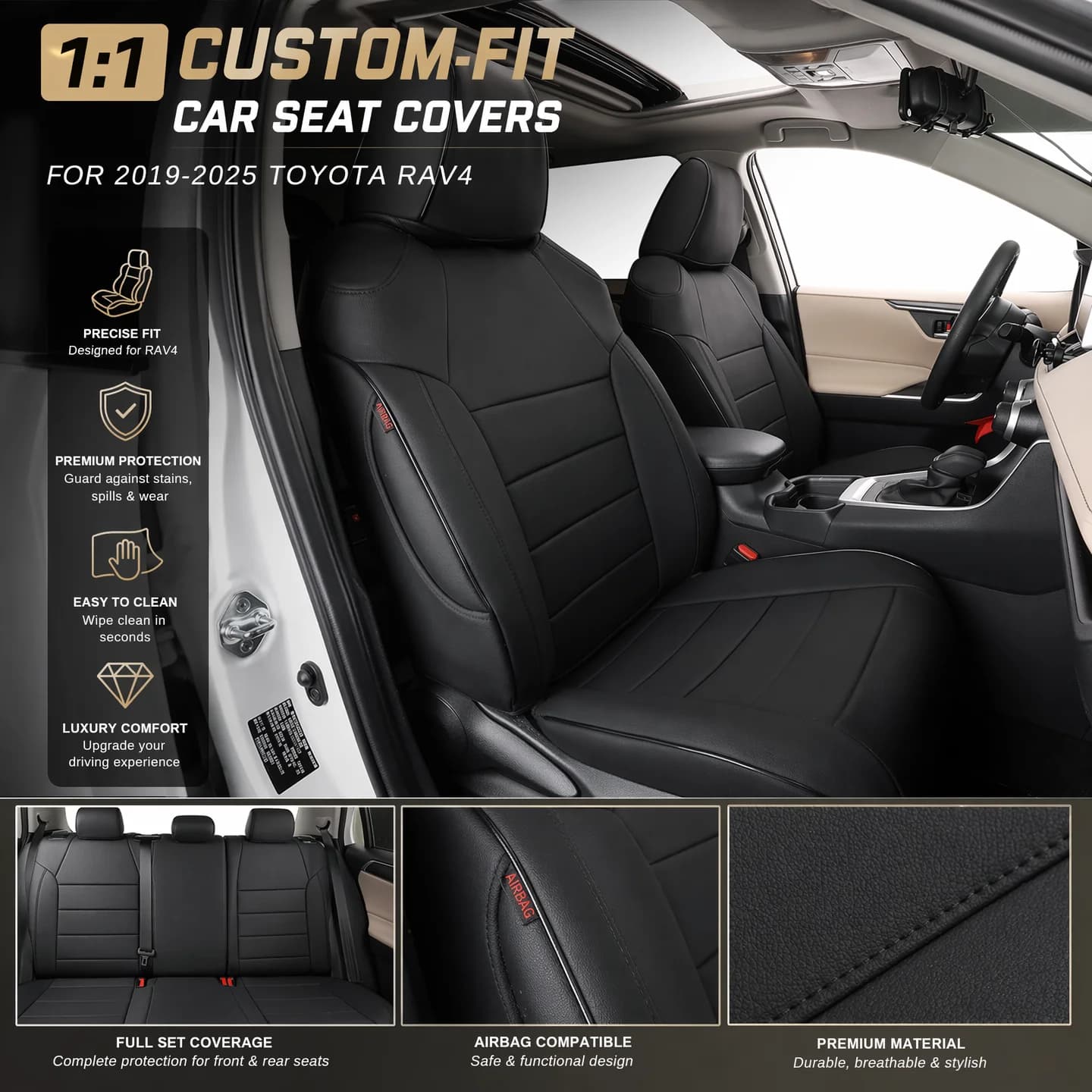 EKR Car Seat Covers Custom Fit for Toyota Rav4 (Gas/Hybrid) 2019 2020 2021 2022 2023 2024 2025 LE/XLE/XLE Premium/Limited