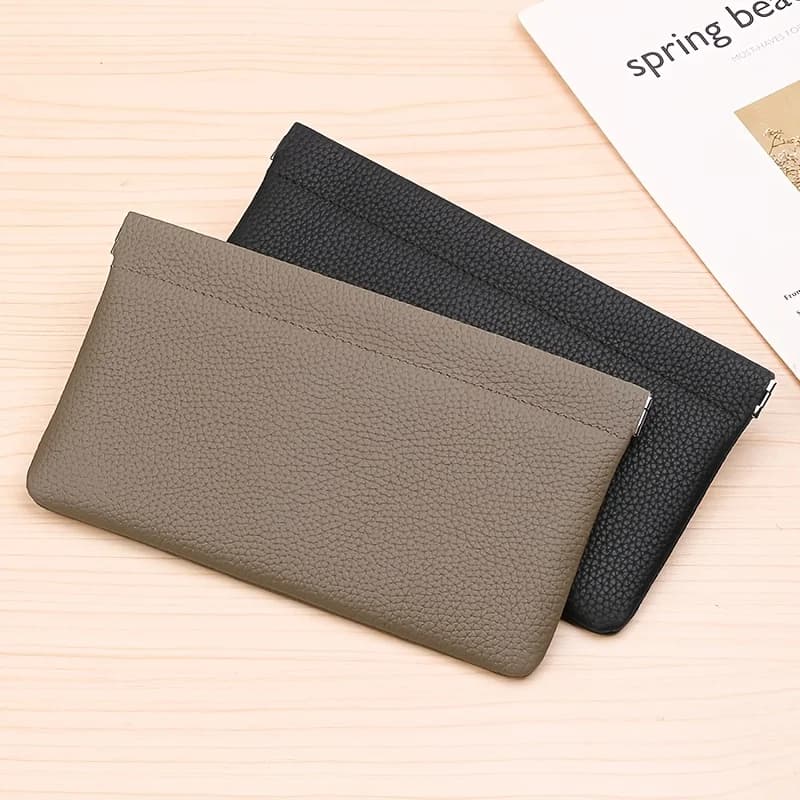 Self-Closing Genuine Leather Long Wallet Passport Driver'S License ID Holder Headphone Cable Storage Bag Cosmetic Bag