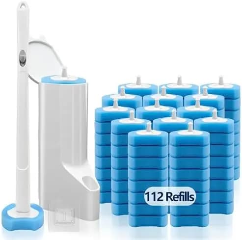 Spazzola per WC usa e getta con 112 ricariche, asta e supporto da parete, kit di pulizia bianco per una pulizia profonda