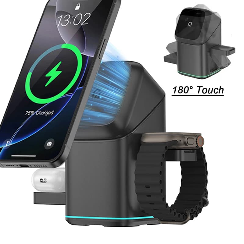 Supporto per caricabatterie wireless 3 in 1 per telefono Samsung iPhone 16 15 14 13 Pro Max iWatch AirPods con stazione di ricarica rapida a luce LED