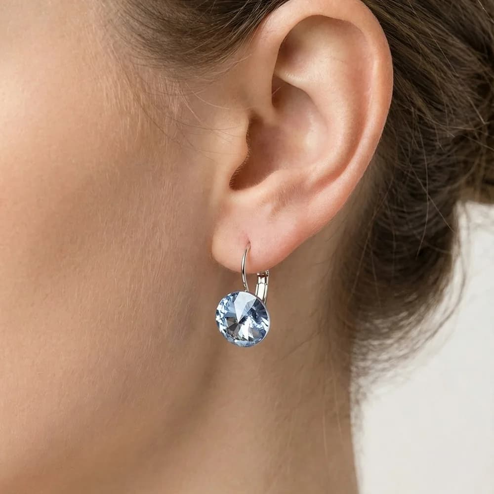 Classic Luxury Light Blue Crystal Zircon Fairy Pendant Hoop Leverback Stud Earrings for Women Minimalist Daily Wear Jewelry Gift