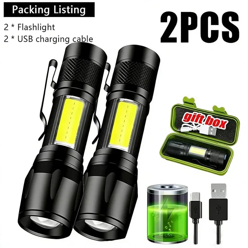 Mini Torcia LED COB+XPE Portatile, Ricaricabile USB, Lanterna da Campeggio, Luce Focalizzabile con Clip da Tasca