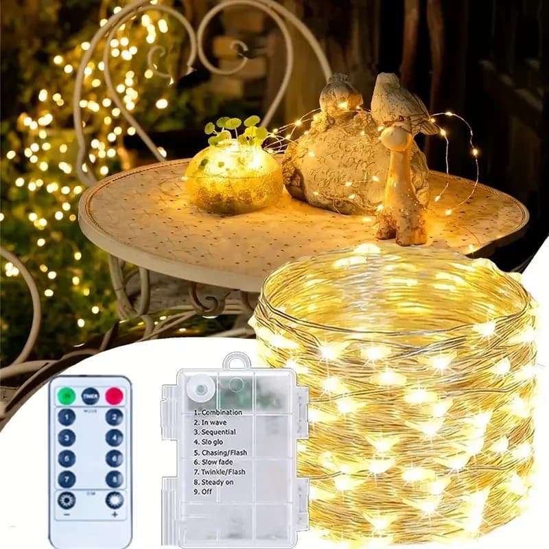 Luci Fatate a Batteria 300 LED, 8 Modalità, Luci a Stringa per Esterni Argentate, Luci da Campeggio per Giardino, Patio, Feste e Decorazioni