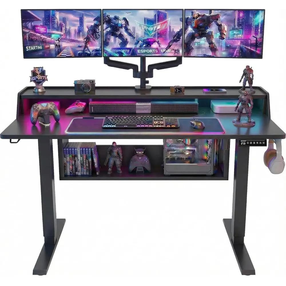 55x28 Adjustable Electric Desk with Library, LED Light and Monitor Support, Ideal for Home Office or Gaming