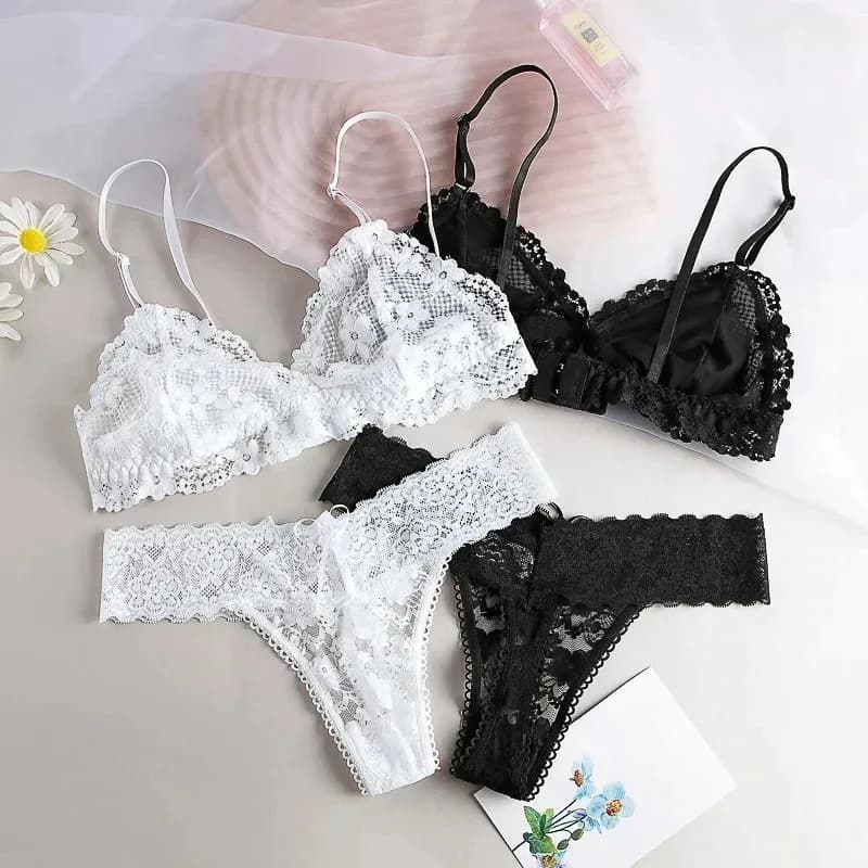Completo da donna con reggiseno cavo in pizzo sexy, reggiseni senza fili trasparenti senza cuciture, set di lingerie sottile con perizoma, set di bralette sfoderato