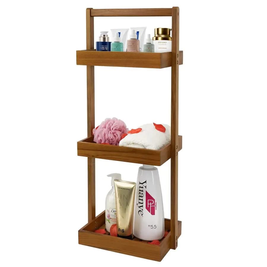 Corner shower basket in teak, at 3 levels, with handle, wood, for shampoos and bathroom accessories