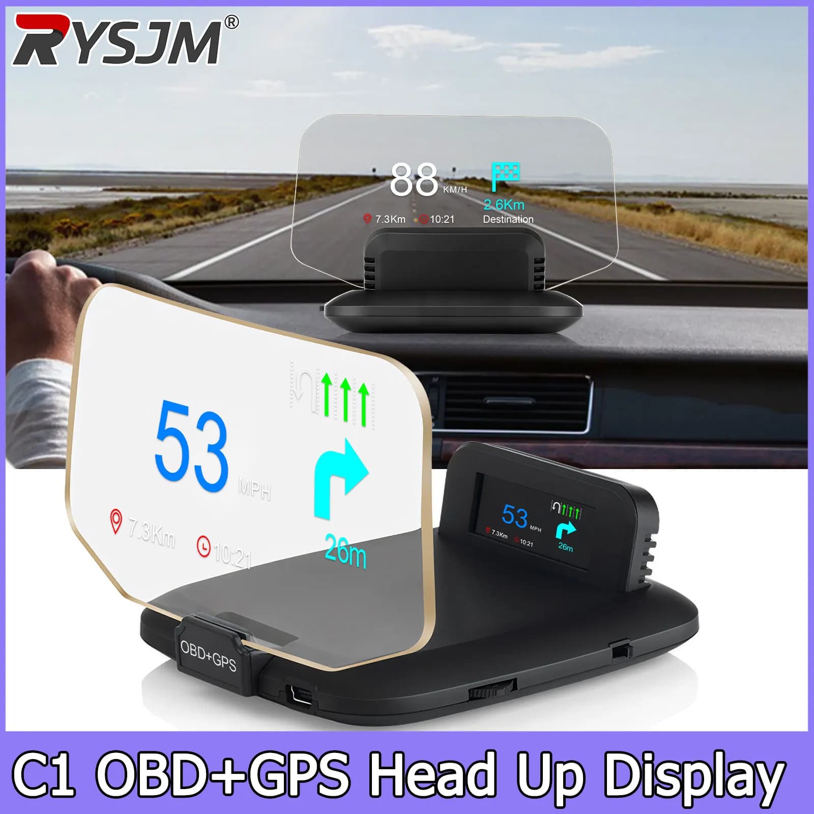Car Projector Speedometer Navigation Projection C1 Car OBD2+GPS HUD Head-Up Display Water Temperature Voltage RPM Speed Alarm