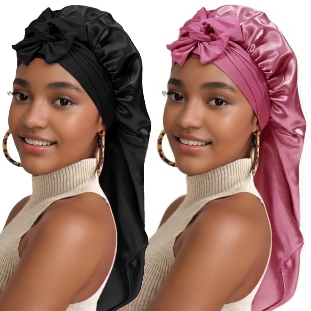 2 pezzi tinta unita bowknot treccia cofano classico lungo cofani in raso morbido donna che dorme berretto da notte cofani per capelli traspiranti