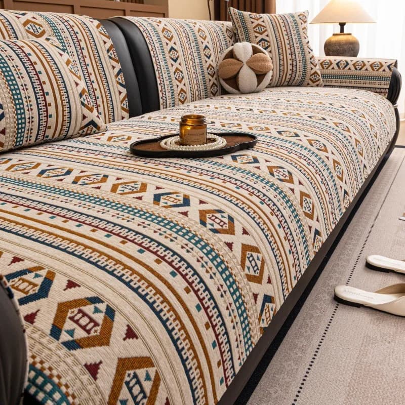 Bohemian-Style Chenille Sofa Cushion Non-Slip One-Piece Cover Cat-Scratch Resistant All-Season Living Room Sofa Protector
