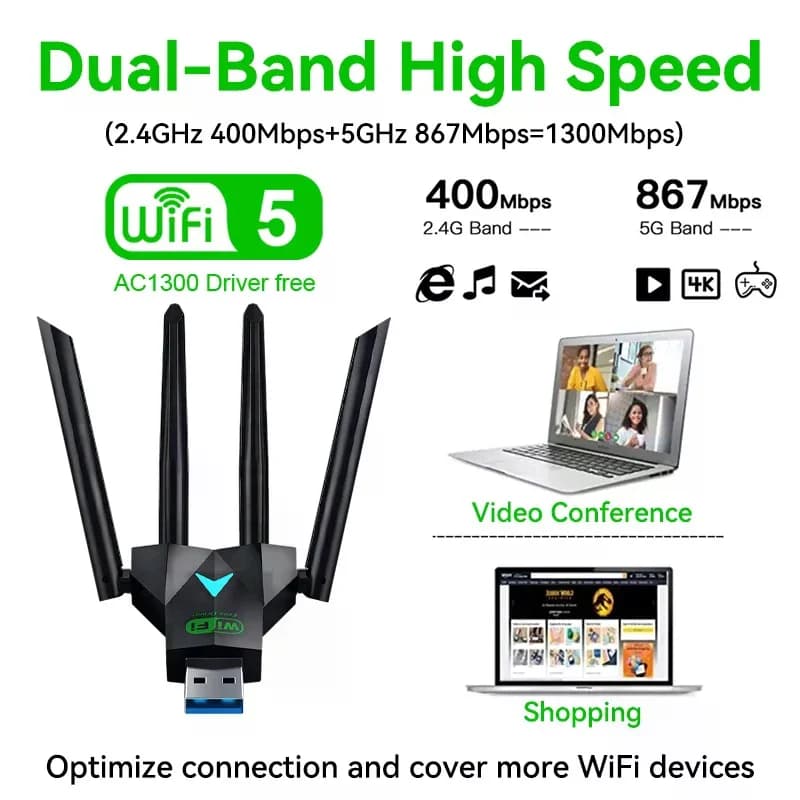 Adattatore USB Wi-Fi Dual Band 1300Mbps 2.4G/5Ghz, Dongle Wi-Fi USB3.0 802.11AC con 4 Antenne, Ricevitore Wireless per PC/Laptop Senza Driver