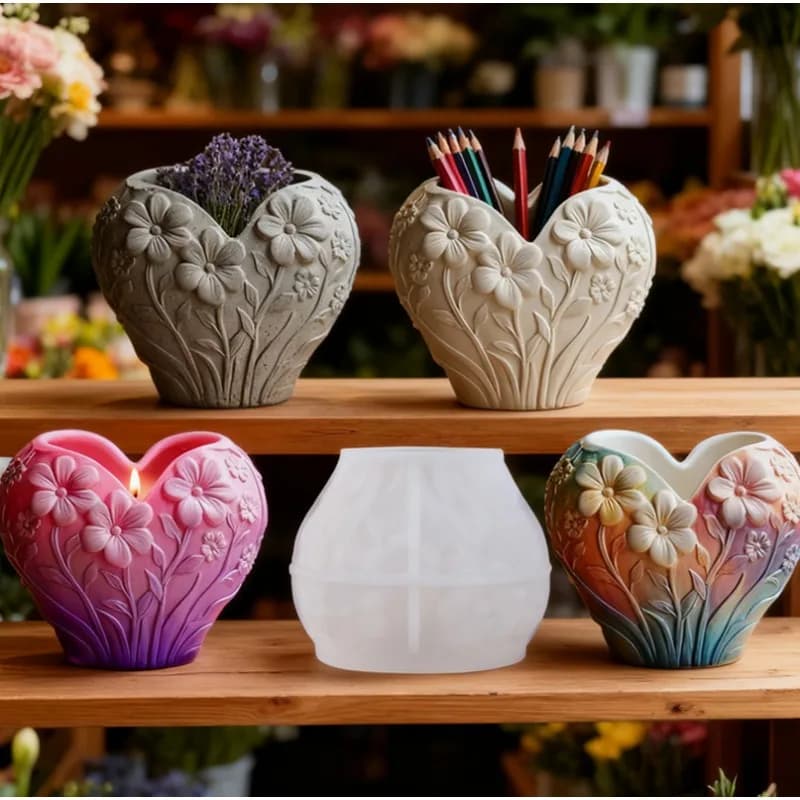 Stampo per candele aromatiche, stampo a forma di cuore liscio, stampo floreale, stampo per vaso, bianco, per realizzare regali, realizzare oggetti artigianali in resina