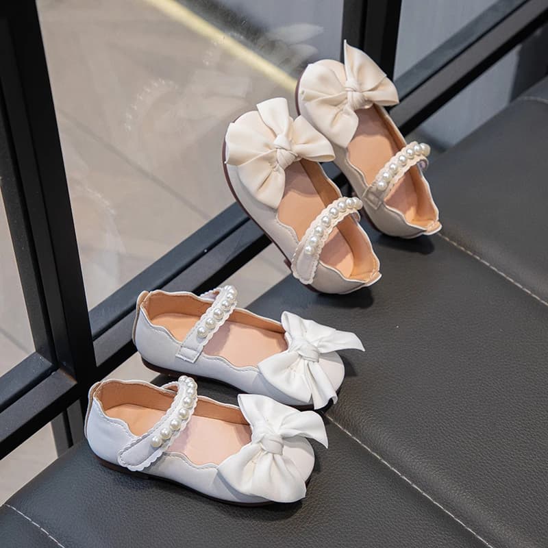 Scarpe Mary Jane in Pelle Opaca per Bambine con Fiocco e Perle, Chiusura in Velcro, Stile Principessa, Calzature Casual da Festa, Scarpe per Bambini