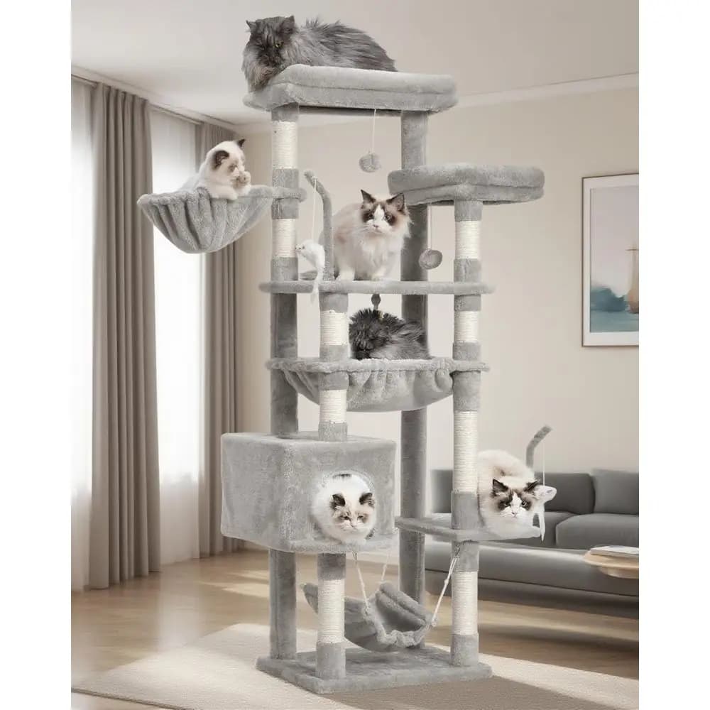 Torre per Gatti Alta 63 Pollici con 2 Piattaforme, 2 Cesti, Cuccia e Giocattoli, Grigio Chiaro per Gatti da Interno