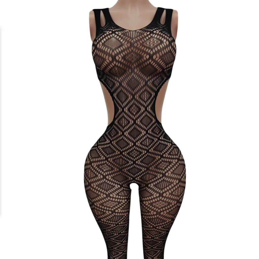 Body intero da donna sexy in rete a griglia, senza spalline e senza schienale, con design a doppia spallina, lingerie erotica di puro desiderio