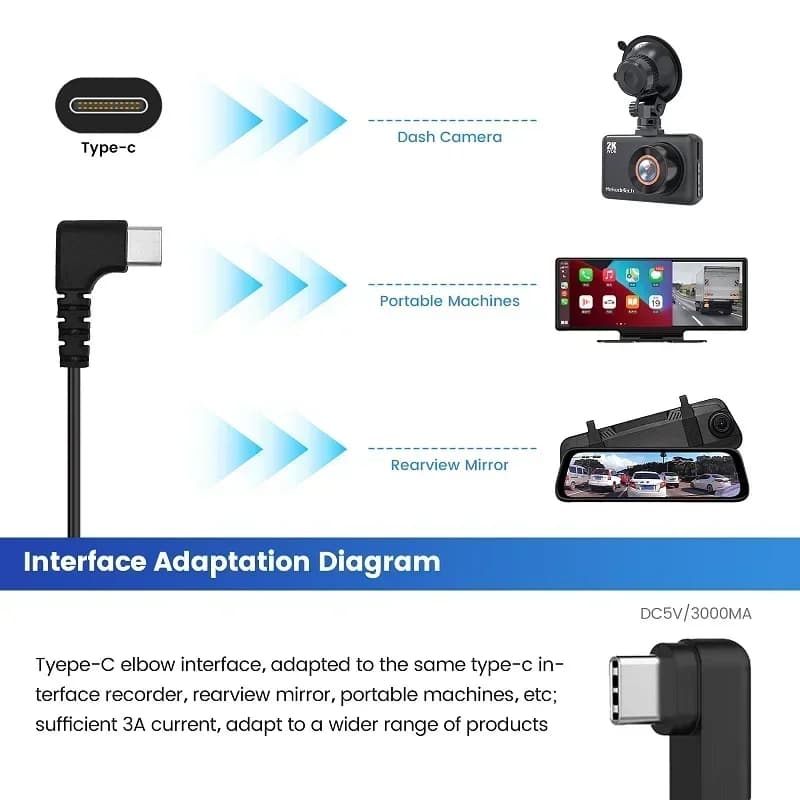 Dash Cam Auto 3A 3.5m cabling kit, Step-Down cable from 12-24V to 5V, Mini/Micro/Type-C USB Charger