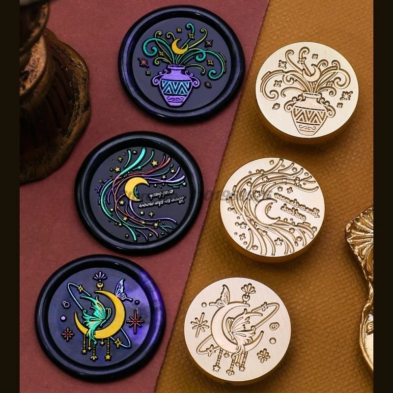 Crystal Rose Starry Sky Daisy Moon Pattern Brass Wax Seal Stamp Set Frosted Moon Stars Design Wood Handle Cosmic Texture