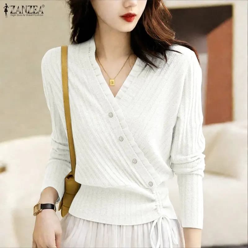 ZANZEA Camicie patchwork da donna Top lavorati a maglia a maniche lunghe con scollo a V Casual Loose Blusas Bandage Streetwear Elegante camicetta da ufficio da donna