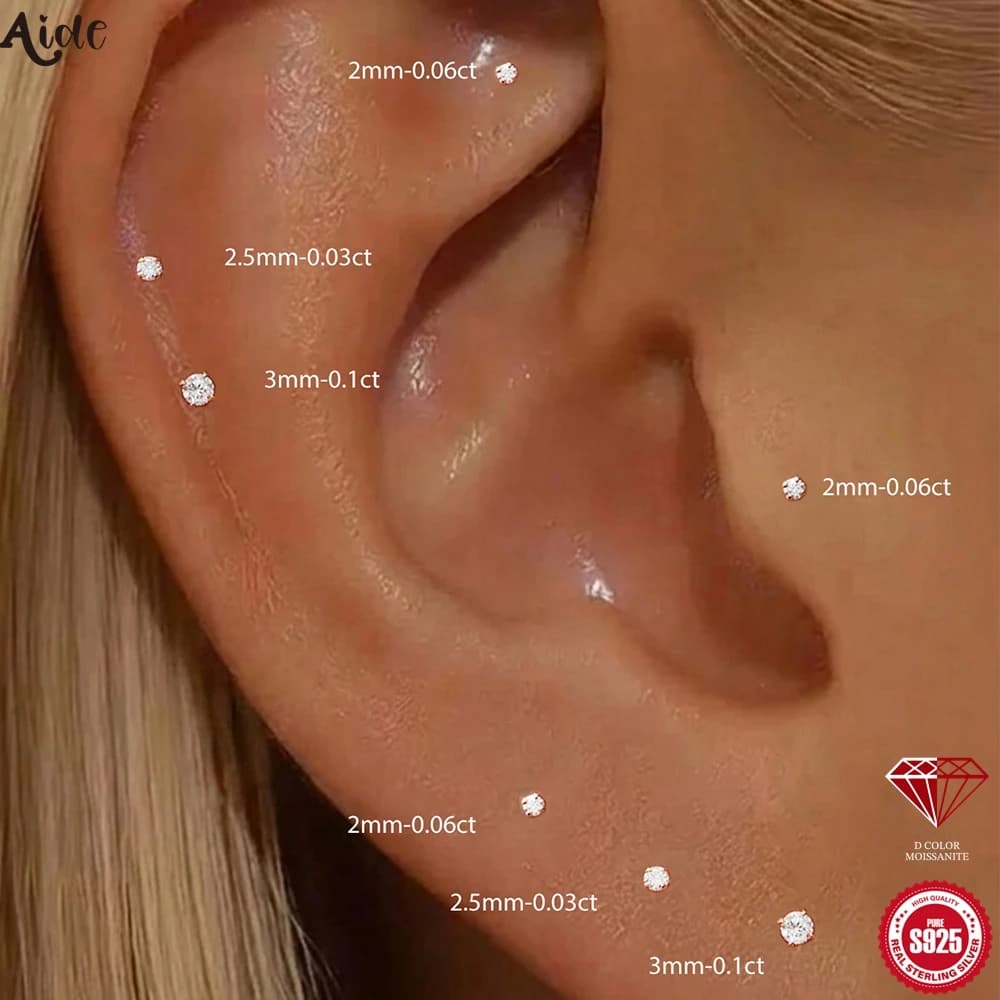 Aide S925 Sterling Silver Moissanite Stud Earrings Multi-Size Piercing Jewelry for Nose Cartilage Tragus & Lobe Women Daily Wear