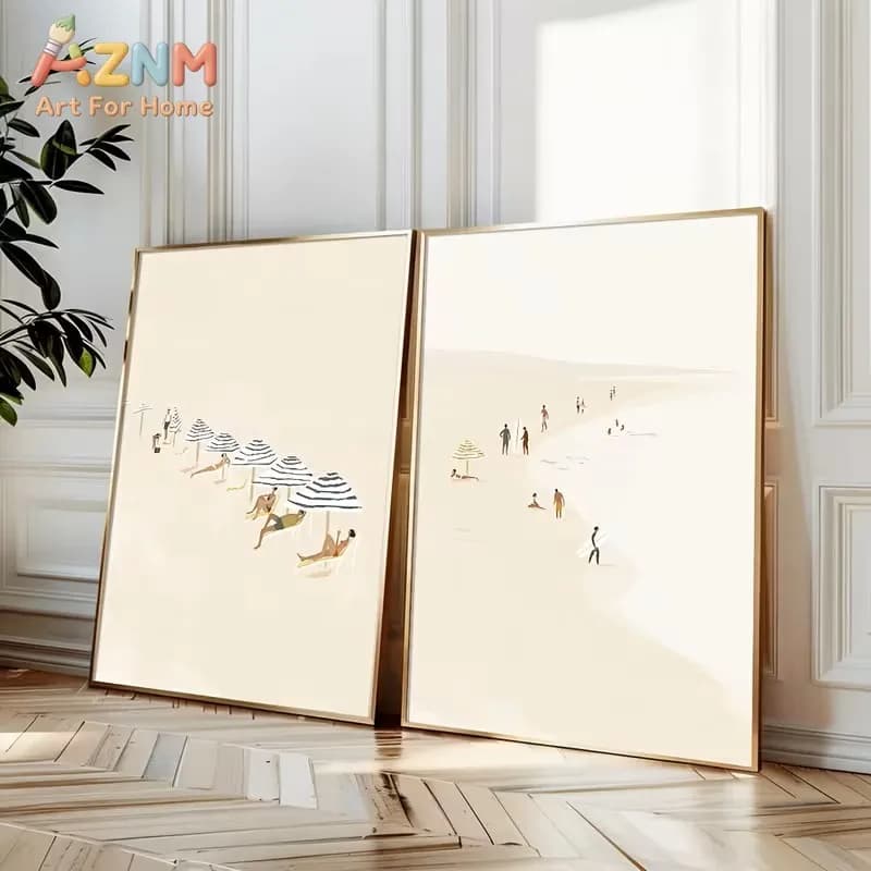 2pcs Summer Coastal Beach Wall Retro Poster Canvas Printing Abstract Little People Ocean Surfing Aesthetic Home Decoration Print