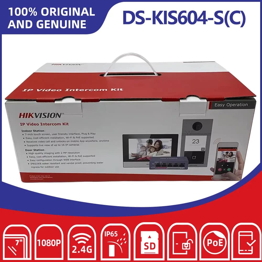 Hikvision DS-KIS604-S(C) Kit Videocitofono IP con Schermo Touch da 7 Pollici, Sistema Campanello PoE 1080P, Resistente alle Intemperie IP65 con Monitor Interno