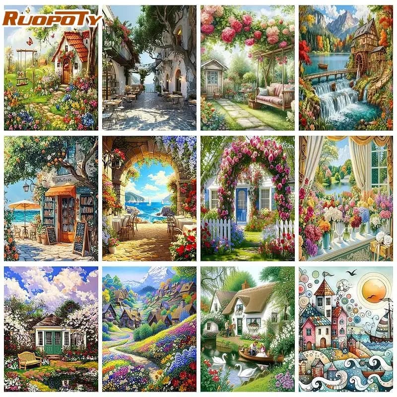RUOPOTY Cottage Painting By Numbers Picture Picture On Numbers Landscape Acrylic Painting on Canvas Frameless Diy Gift