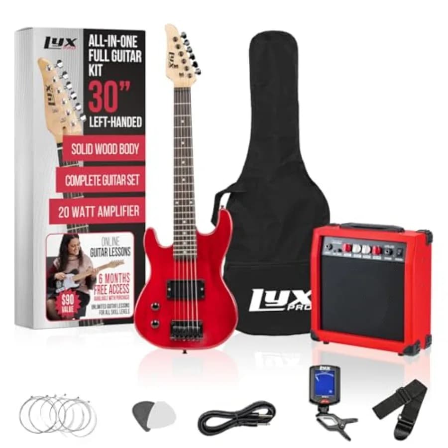 Kit Chitarra Elettrica per Mancini 30 Pollici, Dimensione 3/4, per Principianti, con Amplificatore, Rossa, Sei Corde, Due Plettri, Tracolla, Digitale