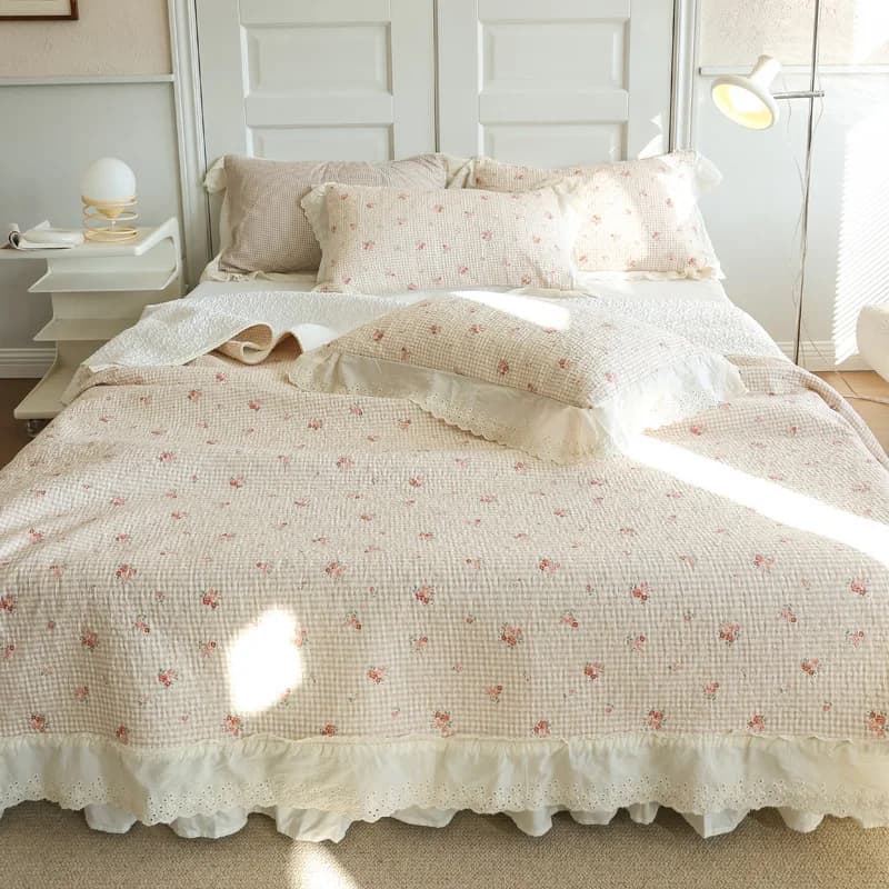 Copriletto con volant in pizzo monostrato floreale in puro cotone da 3 pezzi, set copri materasso, gonna letto, set lenzuola, copriletti, federa