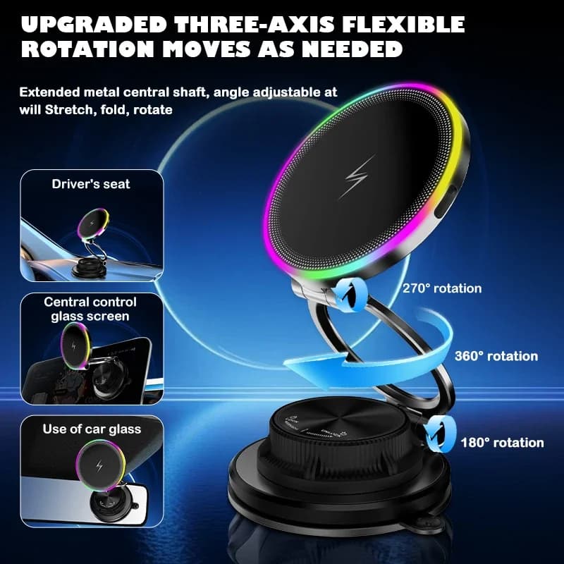 Supporto per telefono da auto con caricatore wireless, luce RGB, ventosa magnetica e rotazione a 360 gradi per iPhone 12 13 14 15 16