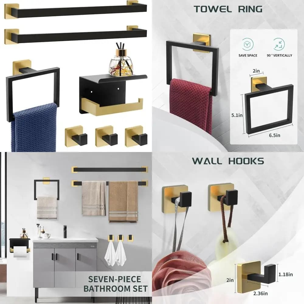 Set di accessori da bagno di lusso in nero e oro: portasciugamani, portasciugamani, supporto e altro ancora in 7 pezzi