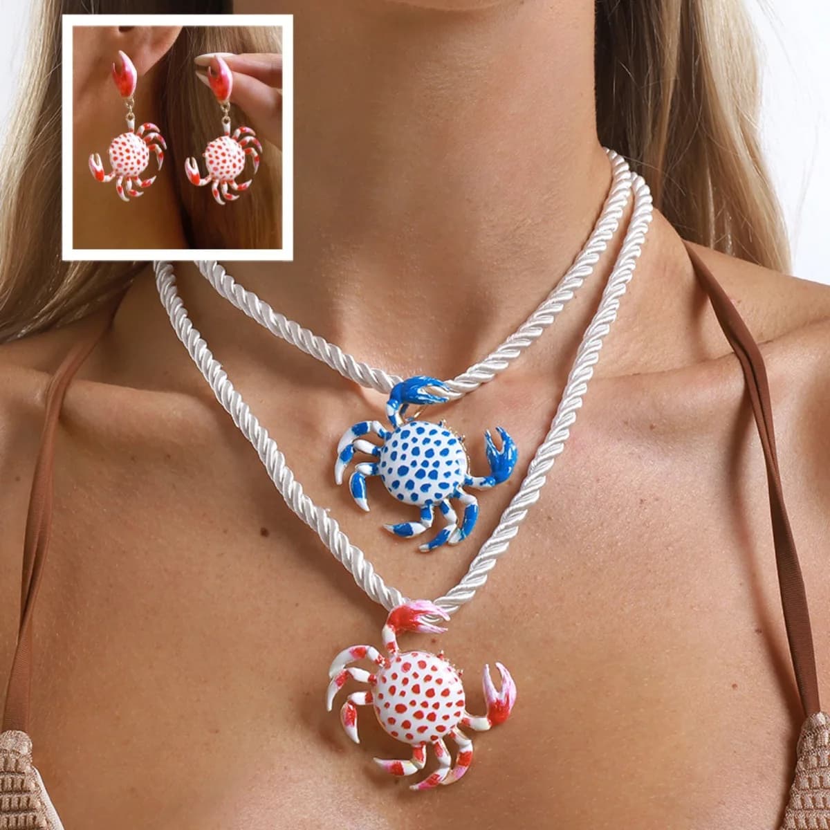 Playful Marine Crab Pendant Double Twist Rope Strand Enamel Spotted Sea Creature Necklace Animal Charm Beach Vacation Choker