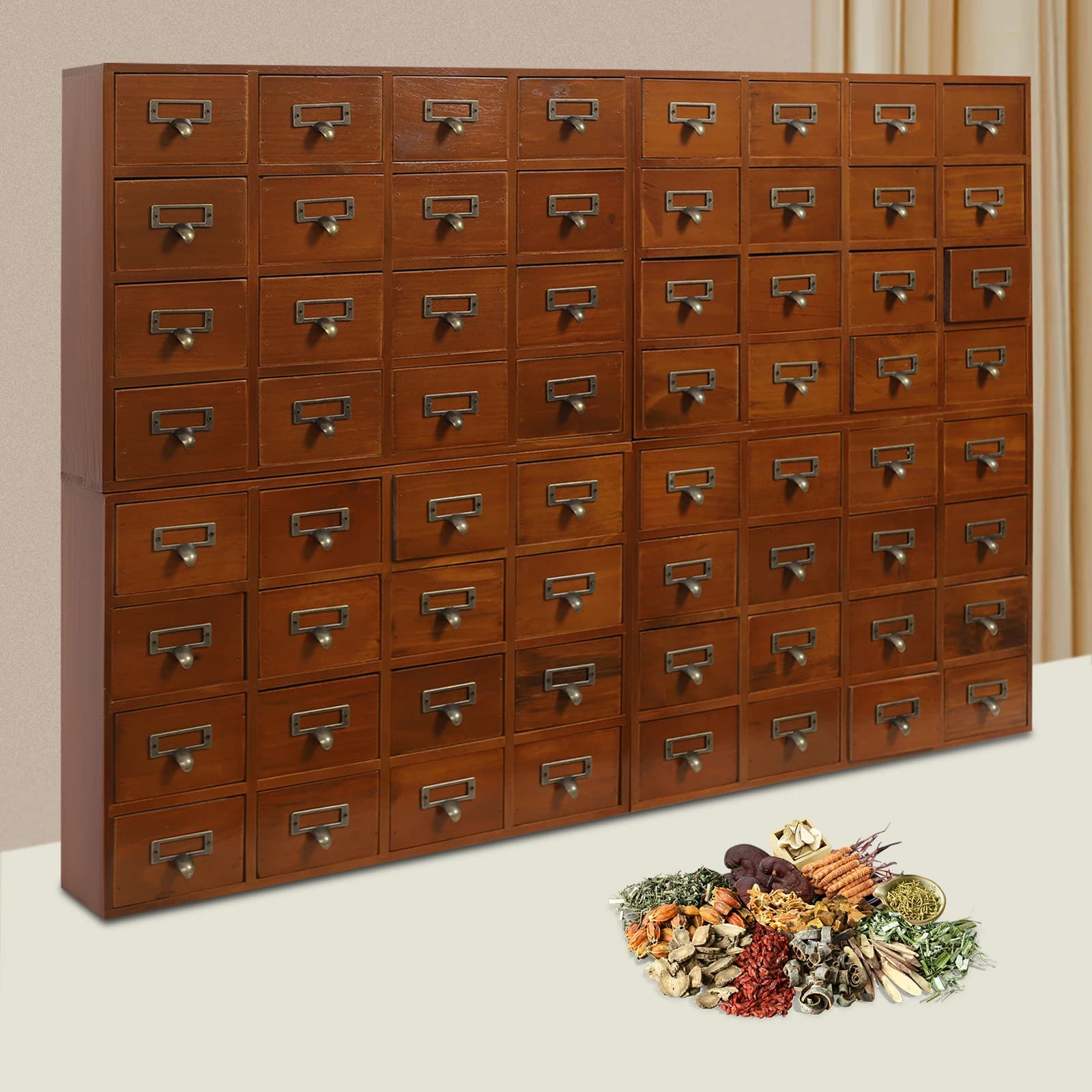 Scatola portaoggetti marrone 50 * 35 cm Armadietto da farmacia Cassettiere Porta etichette Compensato in legno di pino in lega di zinco 4 pezzi 64 cassetti