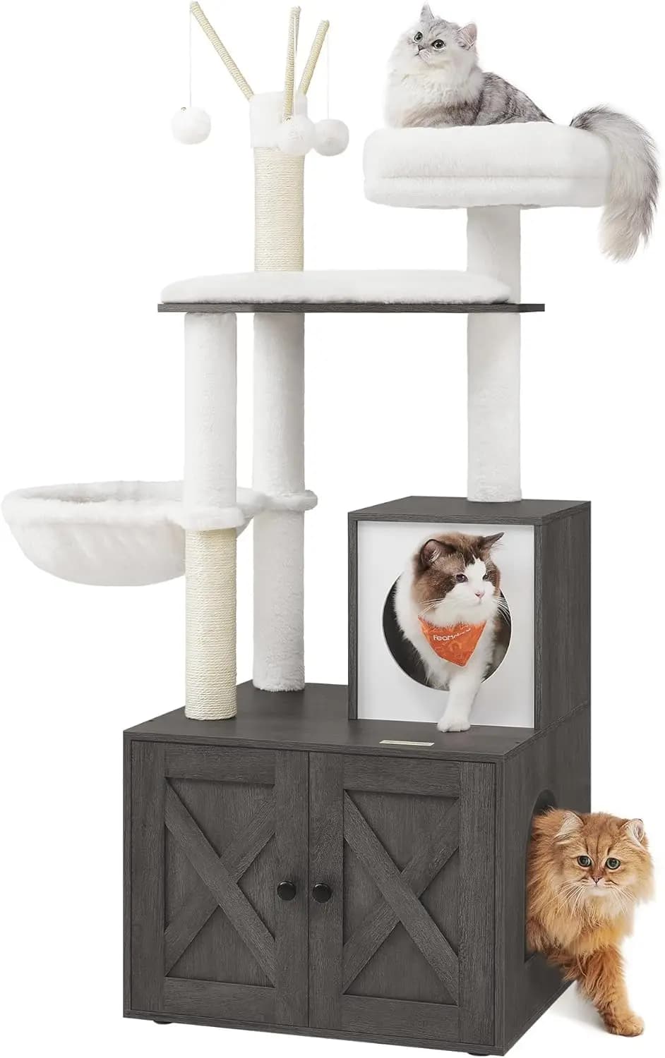 Albero per gatti da 59 pollici con box per lettiera, casetta 2-in-1, posti per grattare, cuscino lavabile, grigio nebbia