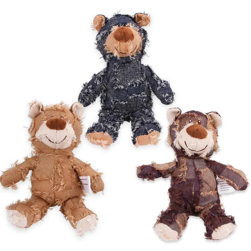 Patchwork Orsetto carino Giocattoli di peluche per animali domestici Suono divertente Giocattoli interattivi per cani Cucciolo Resistente ai morsi Molare Masticare Pulizia dei denti Giocattoli per cani