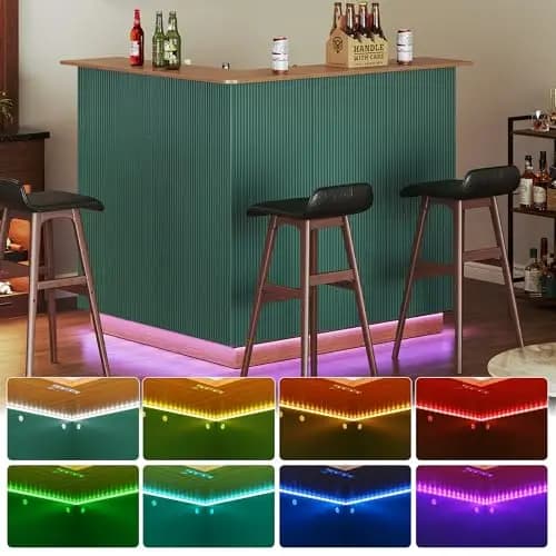 Green Fluted L-Shape Corner Bar Unit With 4-Tier Wine Storage, Integrated Fridge Space, LED Strip Lighting, And Stemware Holders