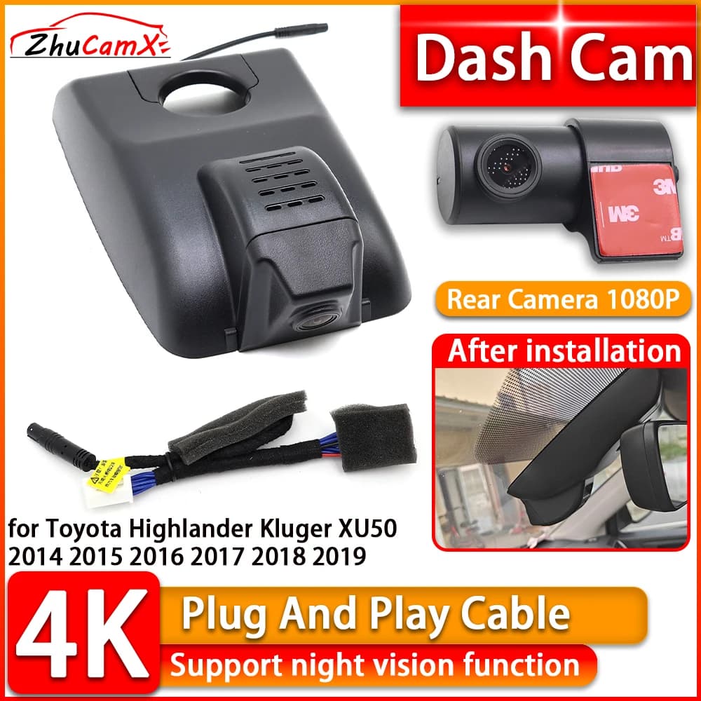 DVR 4K Dash Cam for Toyota Highlander Kluger XU50 2014 2015 2016 2017 2018 Front Camera Rear Plug and Play Video